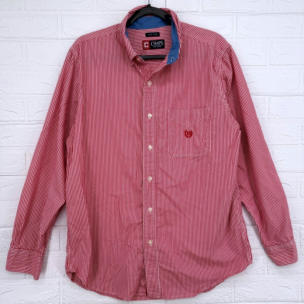 Chaps Button Down Shirt Mens Medium Red White Striped Long Sleeve Easy Care